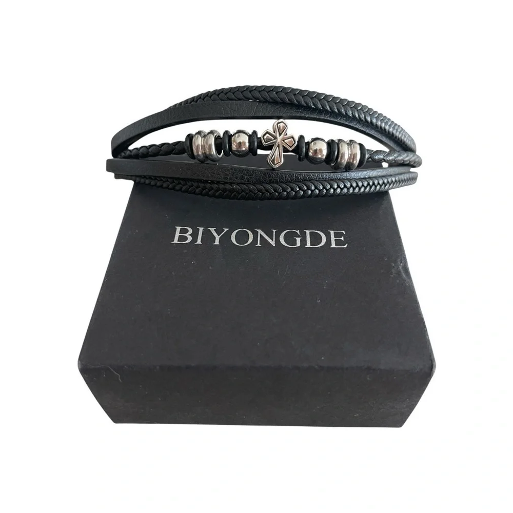 Black Leather Bracelet Braided Multi Strand Stainless Steel Cross Biyongde 8.5